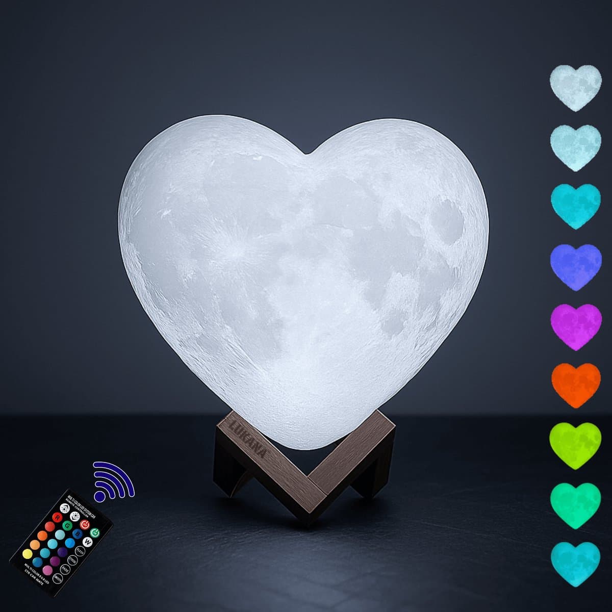 Lukana 3d Maanlamp - Hartvormige Tafellamp 15 cm met 16 Dimbare LED Kleuren & Afstandsbediening - Nachtlamp