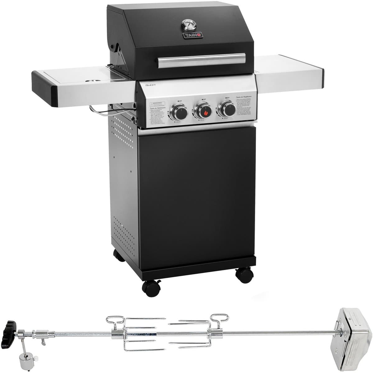 TAINO BLACK 2+1 + draaispit set gasbarbecue - met zijbrander gasbarbecue 2 branders mat zwart