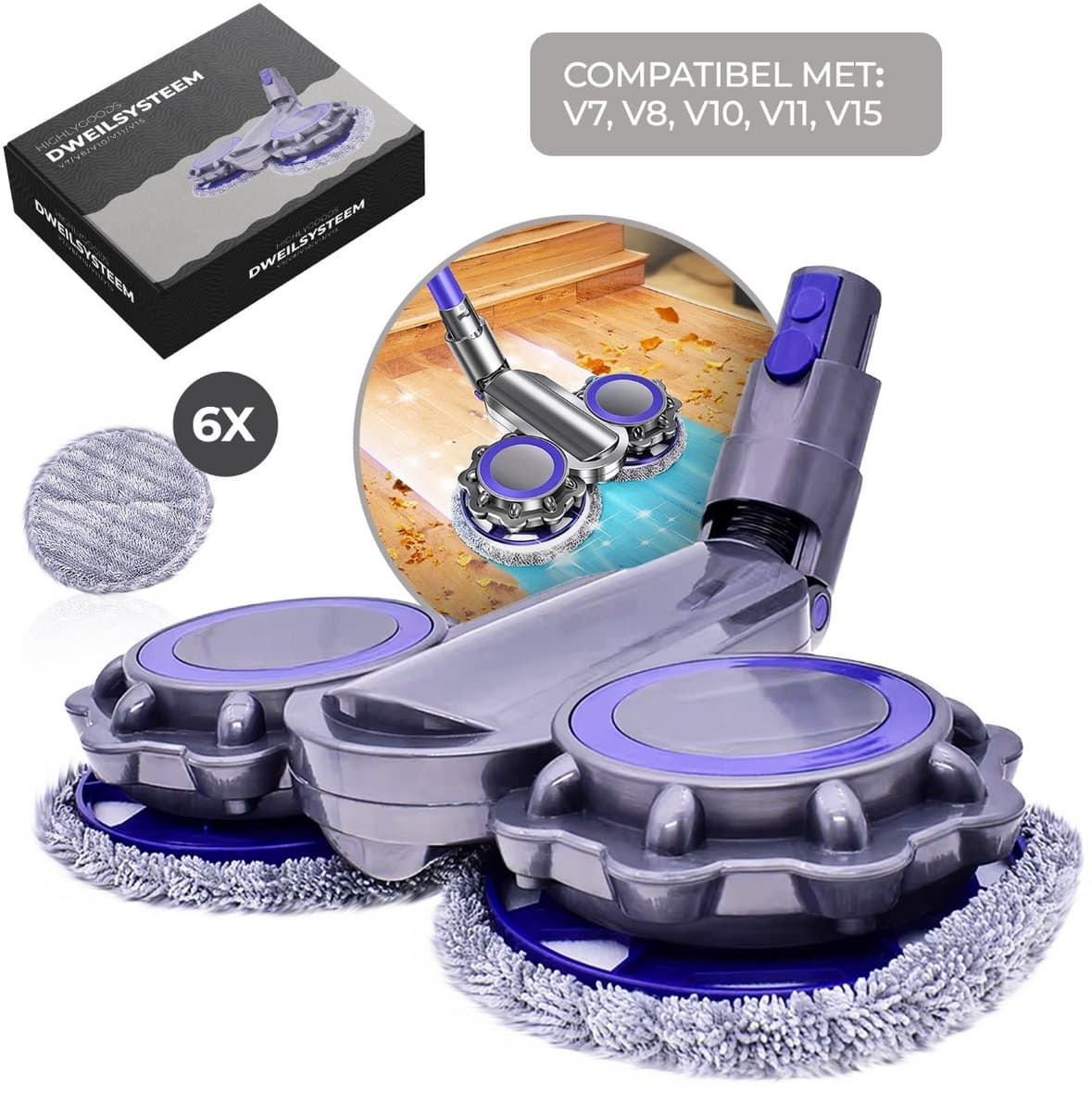 Highlygoods® Elektrisch Mop Opzetstuk voor Dyson – Vloerwisser Nat en Droog – Met 6 Wasbare Microvezel Pads – Geschikt voor Dyson V7 V8 V10 V11 V15
