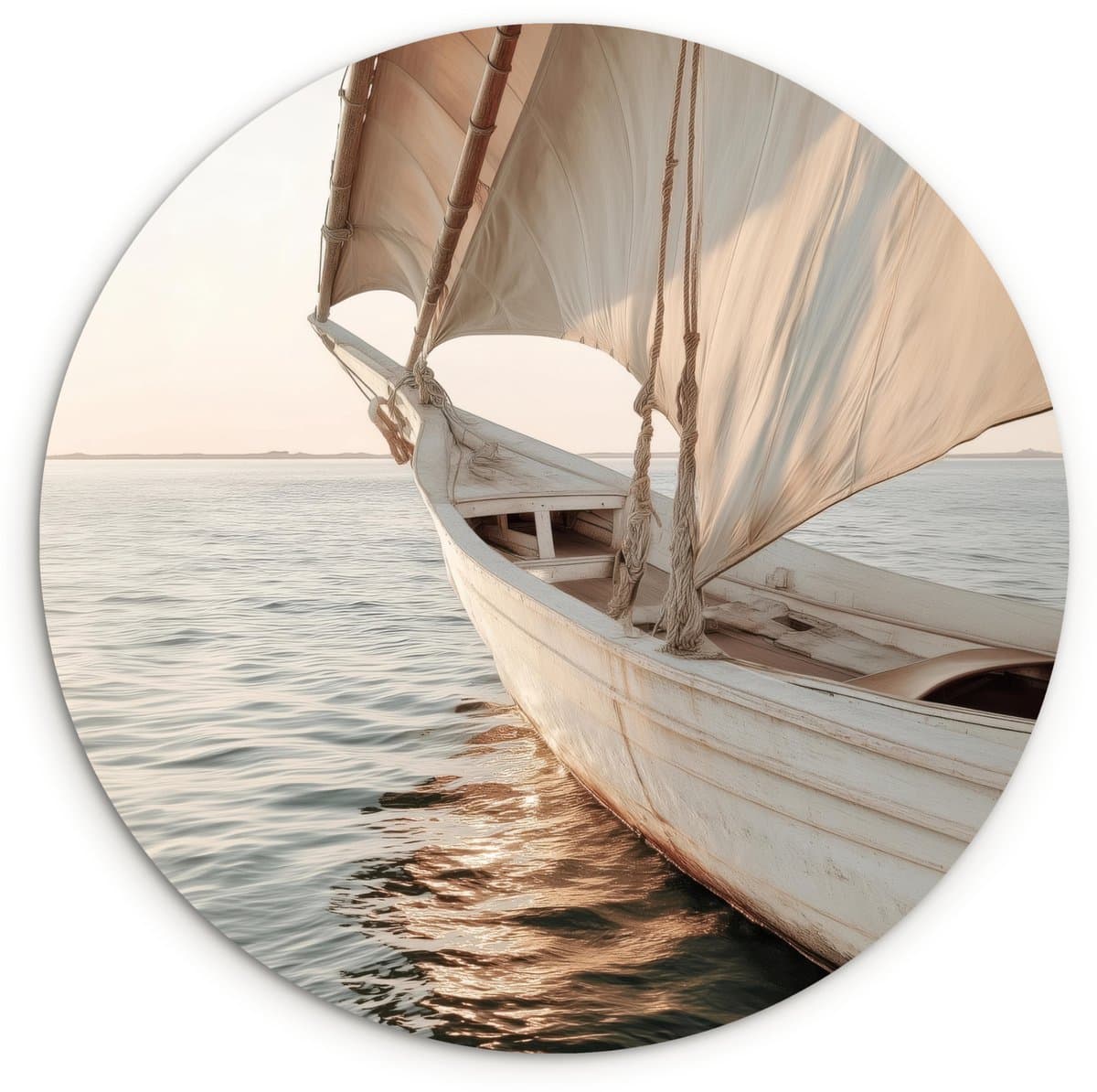 WallCircle® Wandcirkel 140x140 cm - Muurcirkel Zeilboot - Zee - Beige - Zon - Muurdecoratie woonkamer - Wanddecoratie slaapkamer - Kamer decoratie accessoires - Ronde schilderijen
