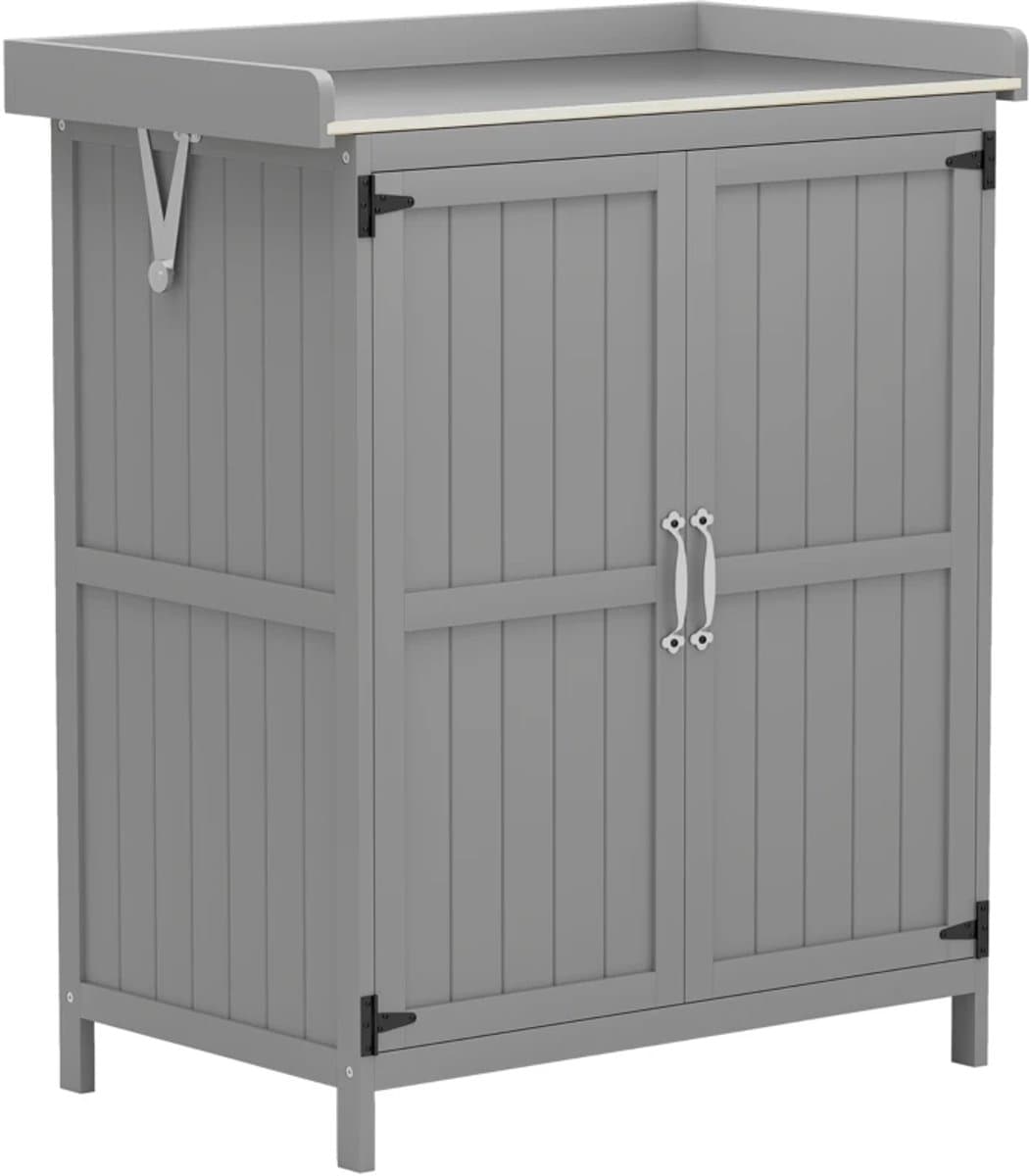 Tuinkast Hout - Buitenkast met Werkblad - Opbergkasten - Tuinhuis - Tuinschuur - Gereedschapskast - Tuinberging - Weerbestendig - voor Buiten, Tuin & Balkon - Hout en Roestvrij Staal - Grijs