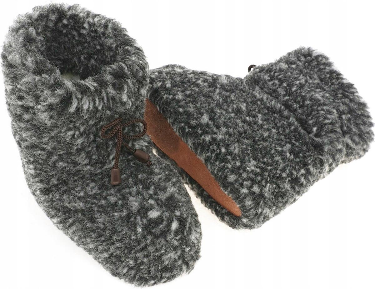 Wollen Sloffen - Winter Pantoffels 100% ECHT Lamswol en Leer - MAAT 45 - Leren Zooltjes – Veters - Handgemaakte Slofjes - Kleur Donkergrijs Gemêleerd