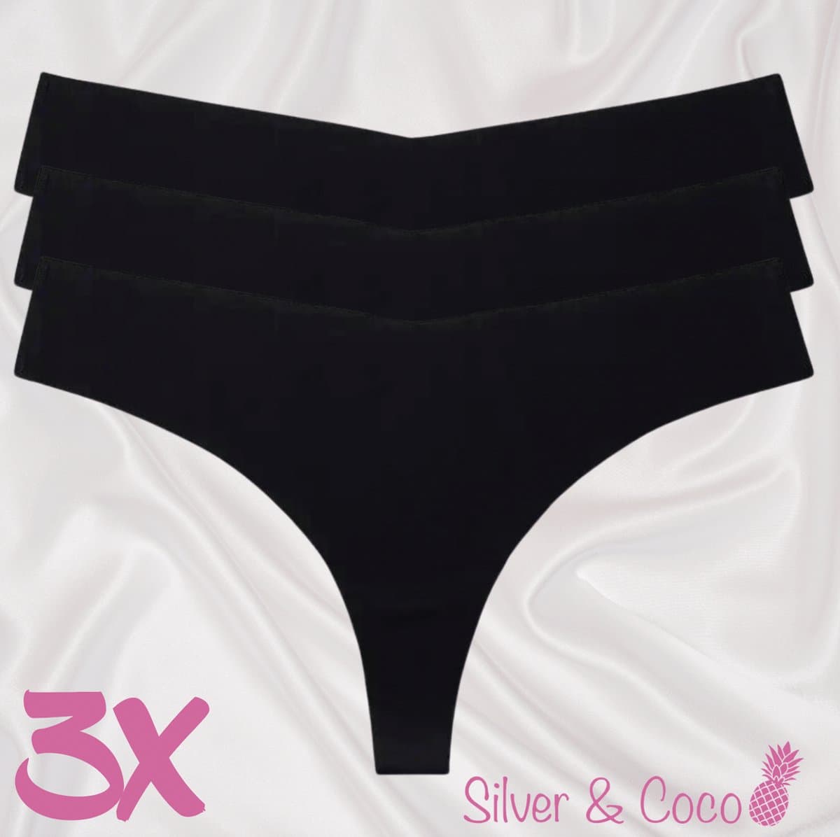 SilverAndCoco® - 3 Stuks Naadloze Strings / Seamless Onderbroek String Dames / Zacht Brazilian Slipje / Naadloos Stretch Ondergoed Vrouw / Strings Dames Lingerie Broekje Slip Black - Zwart / Small / S