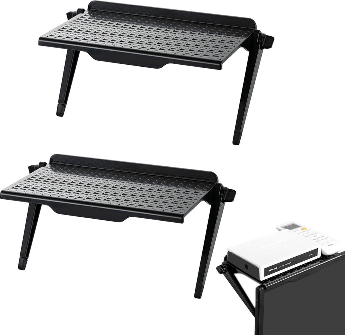 TV toprek, monitorrek, Screen Top Shelf, instelbaar en opvouwbaar, voor flatscreen-tv, computer, tv-box, router, ontvanger, antenne soundbar (2 stuks)