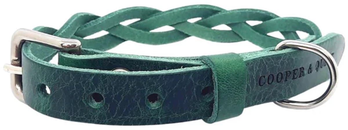 Cooper & Quint Twisted - Halsband hond gevlochten leer - Groen - Zilver - Large