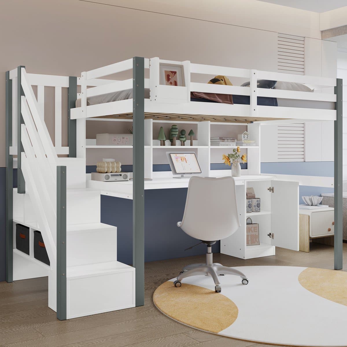 Halfhoog bed met stoffen box - veel opbergruimte - met zijladders - open planken - met bureau en kasten - witgrijs - 90x200 cm