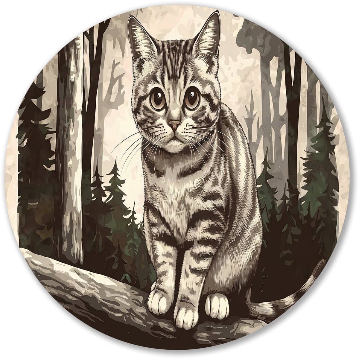 Schattige kat in het bos - Kat wanddecoratie rond - Wandpaneel dieren - Digital Art - Forex ronde decoratie - Muurkunst aanbrengen - muurcirkel forex 70x70 cm