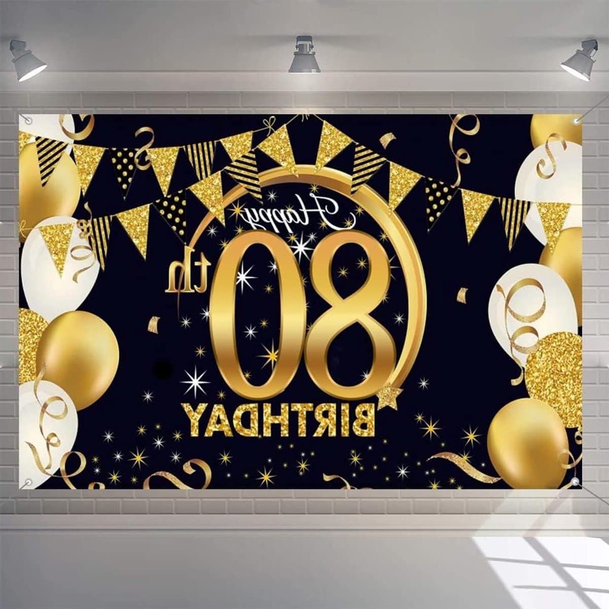 ByShane - 80e verjaardag stoffen bord poster voor mannen en vrouwen - Feestelijke 80e jubileum decoratie in zwart en goud - Verjaardagsdecoratie met 15 meter achtergrond banner