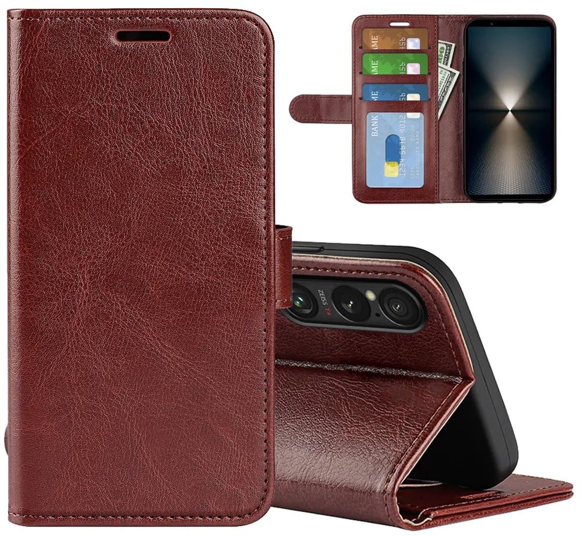 MobyDefend Hoesje - Geschikt voor Sony Xperia 1 VII - Wallet Book Case (Sluiting Achterkant) - Bruin