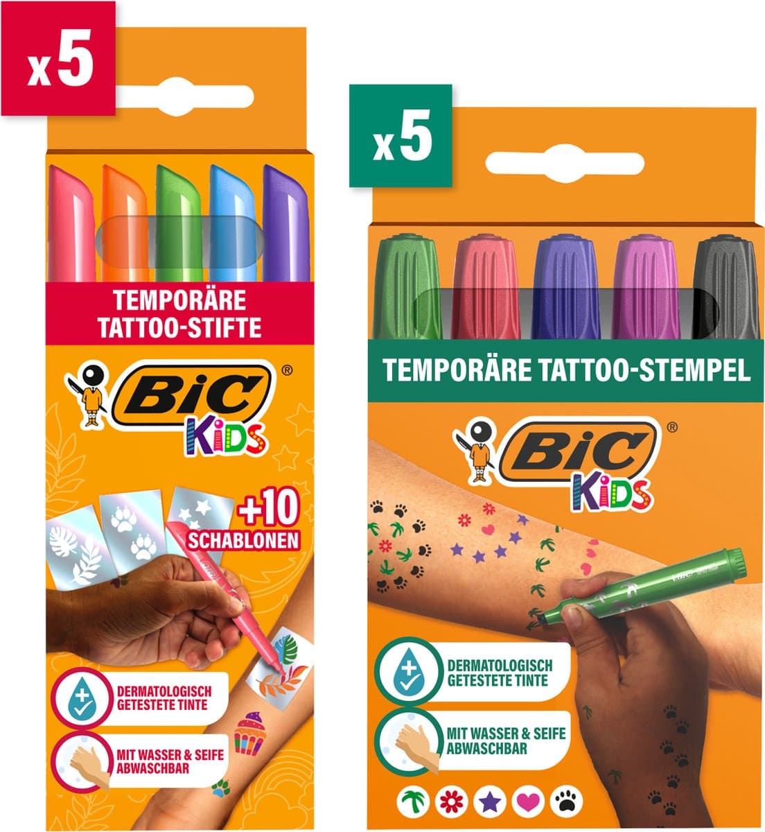 BIC Kids Tijdelijke Tattoo Set met Huidmarkers voor Kinderen - Set van 5 Markers, 10 Stencils, 5 Stempelstiften - Neptattoo - Veilig voor de huid
