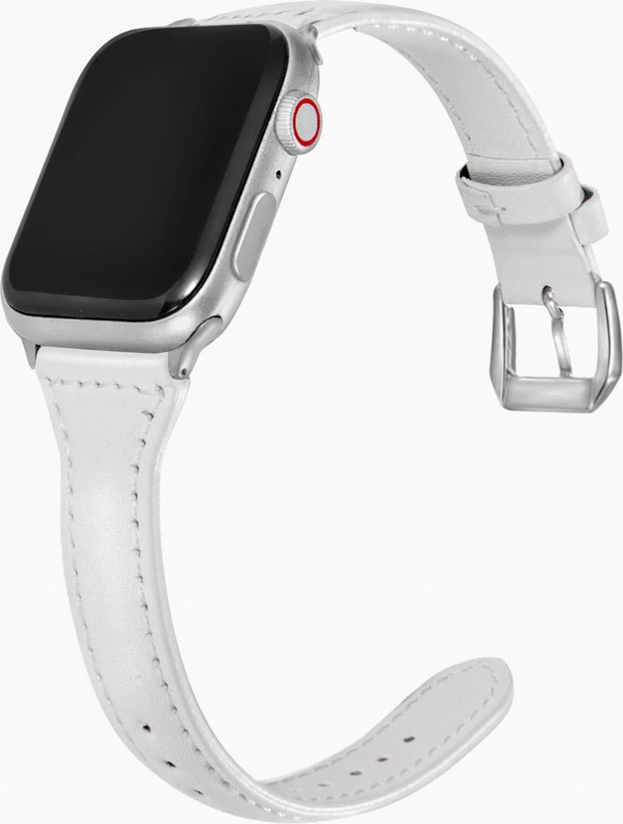 Stravo 14mm Slanke leren bandje Geschikt voor Apple Watch 46mm (Series 10/11), 45mm (Series 7/8/9), 44mm (Series 4/5/6, SE 1/2/3), 42mm (Series 1/2/3), 49mm (Ultra 1/2/3) Dunne elegante echt lederen Apple Watch bandje - Horlogebandje Leer - Wit