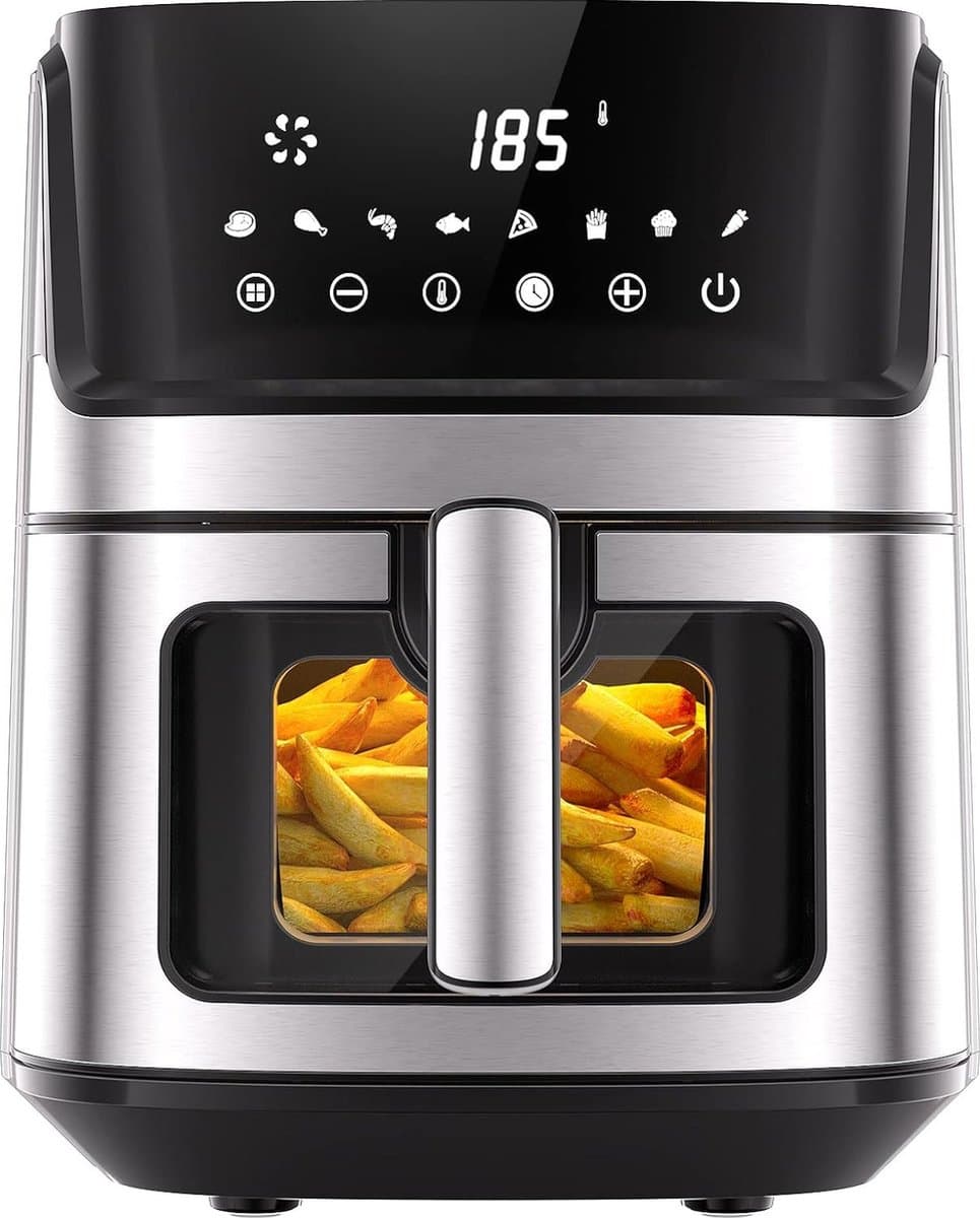 Royalty Line® AF21708D Airfryer XXL - 6.5 Liter Heteluchtfriteuse XL - 1700W - Digitaal Airfryers Met Kijkvenster - 8 Voorgeprogrammeerde Programma's - Zwart / RVS
