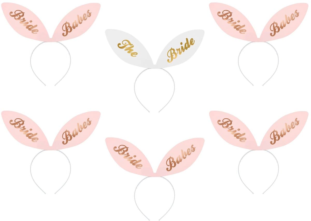 Partydeco Vrijgezellenfeest team diadeems - 6x - Bride Babes - roze / wit - bunny oortjes - haarbandjes