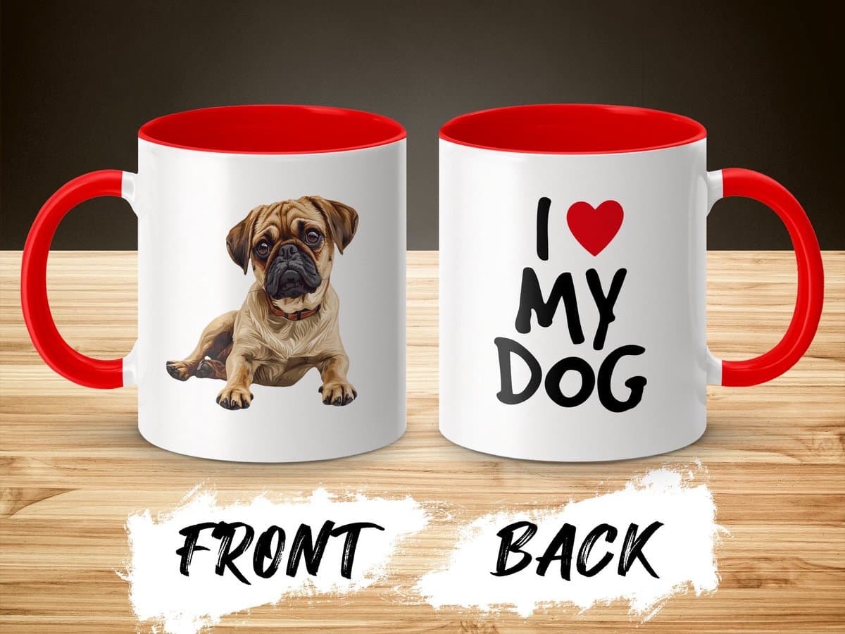 Mok rood/wit Puggle dog - I love my dog / dog lover / dogs - ik hou van mijn hond / hondenliefhebber / honden