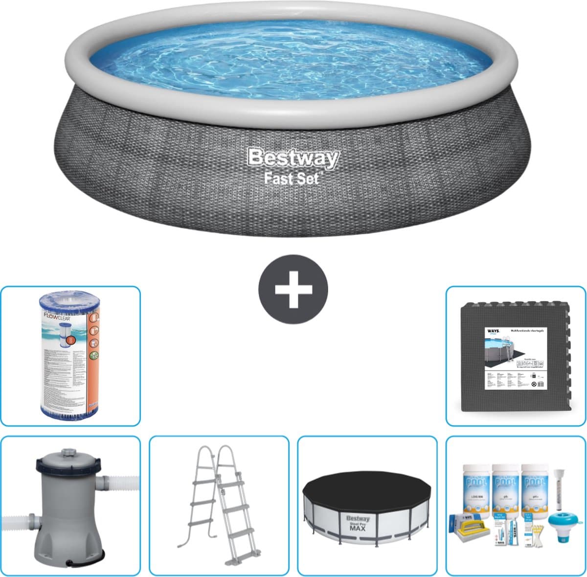 Bestway Rond Opblaasbaar Fast Set Zwembad - Rotanprint - 457 x 107 cm - Inclusief Pomp - Ladder Afdekzeil - Onderhoudspakket - Filter - Vloertegels