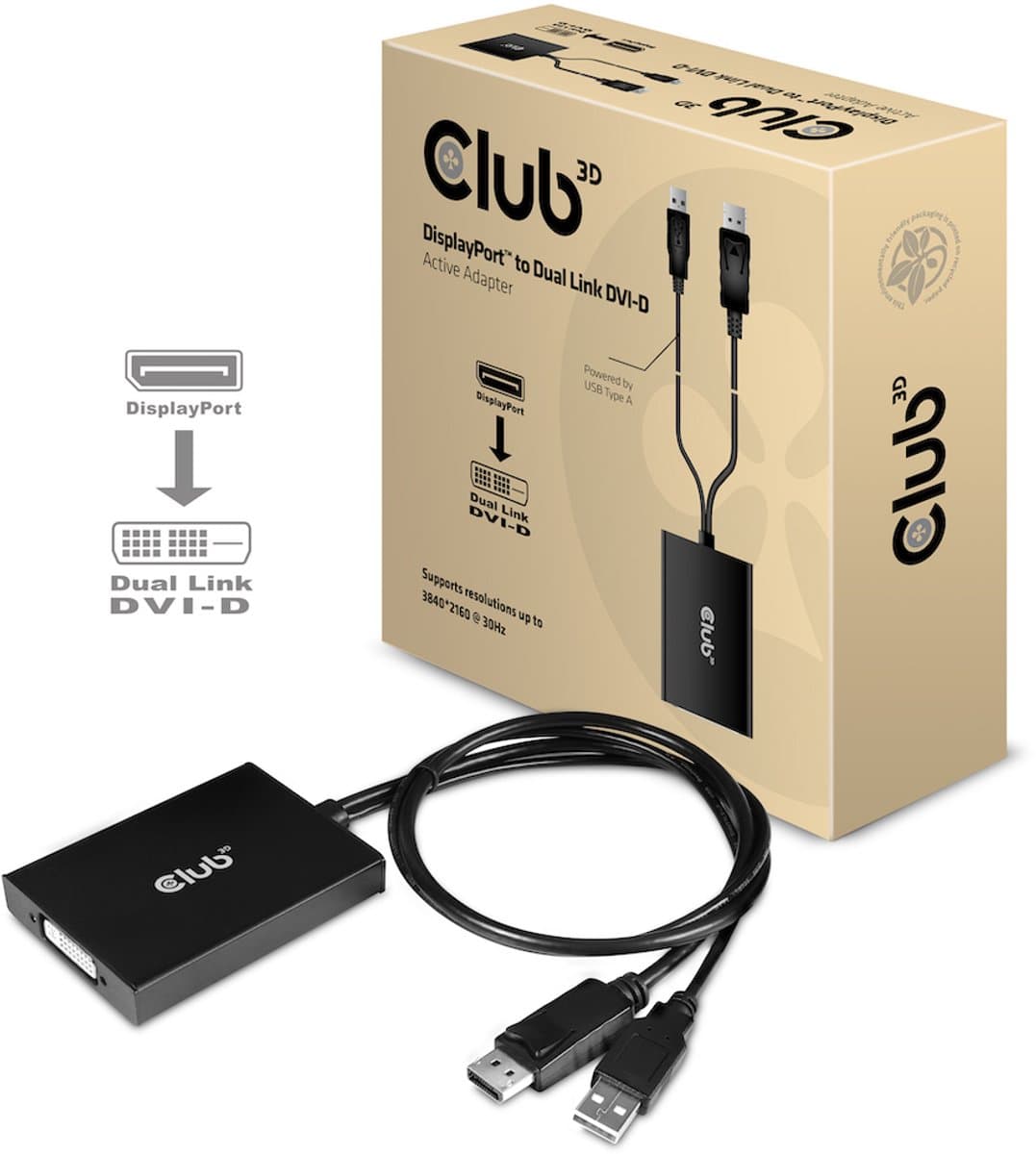 Club 3D DisplayPort™ naar Dual Link DVI-D HDCP AAN-versie Actieve adapter M/V