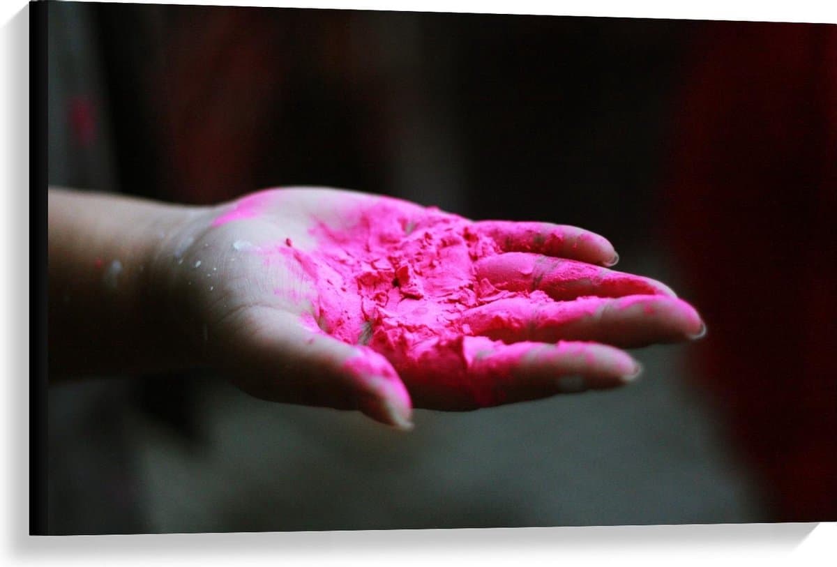 Canvas  - Hand met Roze Poeder - 90x60cm Foto op Canvas Schilderij (Wanddecoratie op Canvas)