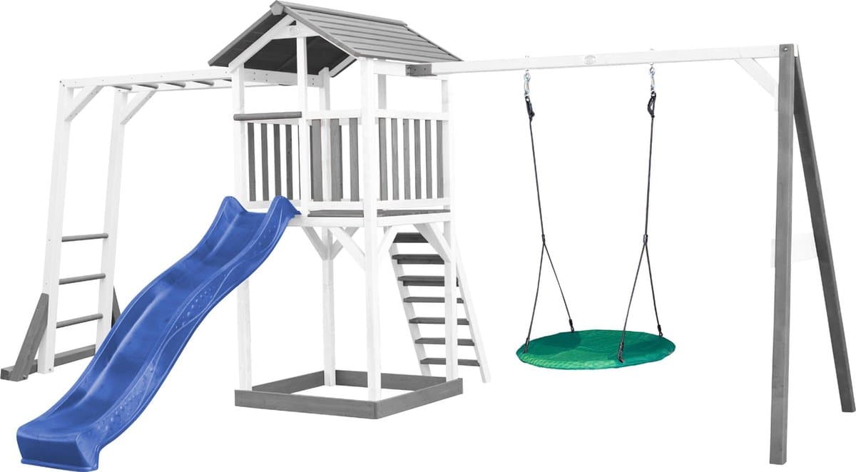 AXI Beach Tower Speeltoestel in Grijs/Wit - Speeltoren met Klimrek, Summer Nestschommel, Blauwe Glijbaan en Zandbak - FSC hout - Speelhuis op palen voor de tuin