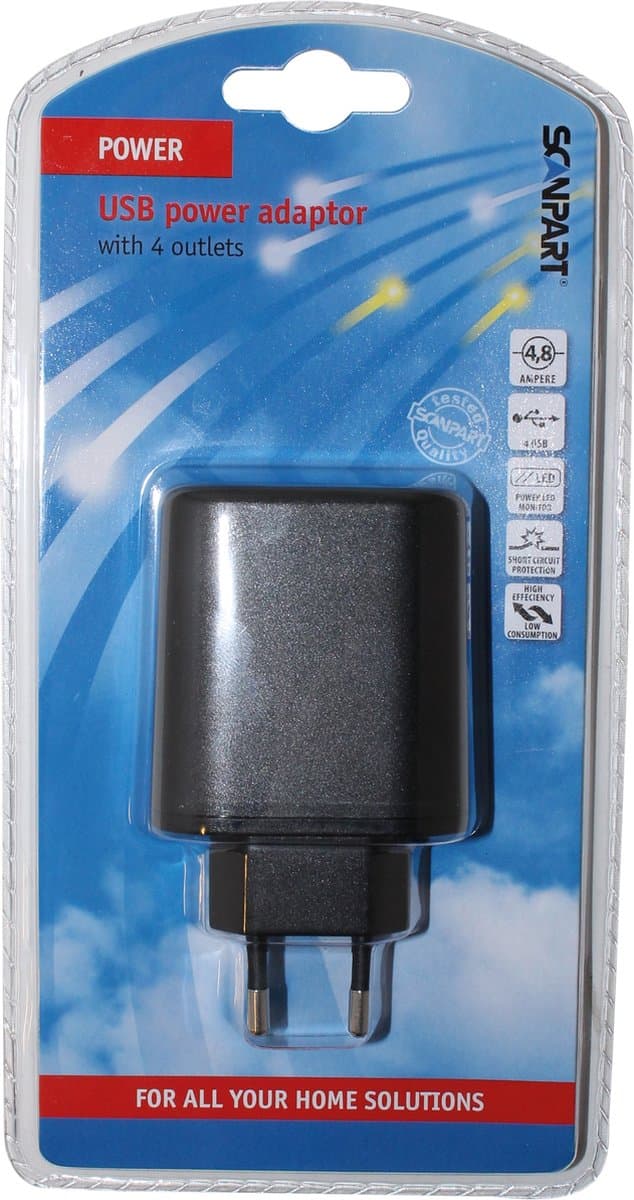 USB netvoeding adapter 4xUSB 2x-2,4A/4x-1,2A zwart