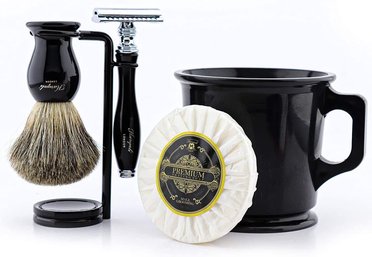 Complete Heren Scheerset – Klassieke 5-Delige Shaving Set met Veiligheidsscheermes, Scheerkwast, Scheerkom, Zeep & Standaard – Cadeauset voor Nat Scheren