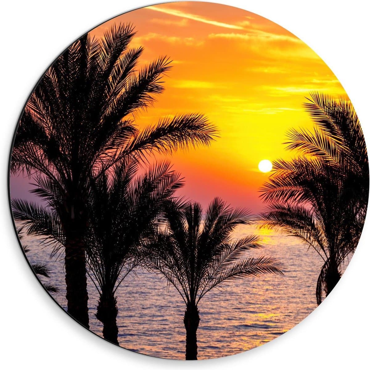 Dibond Wandcirkel - Zon verdwijnend in de Zee achter Palmbomen - 30x30cm Foto op Aluminium Wandcirkel (met ophangsysteem)