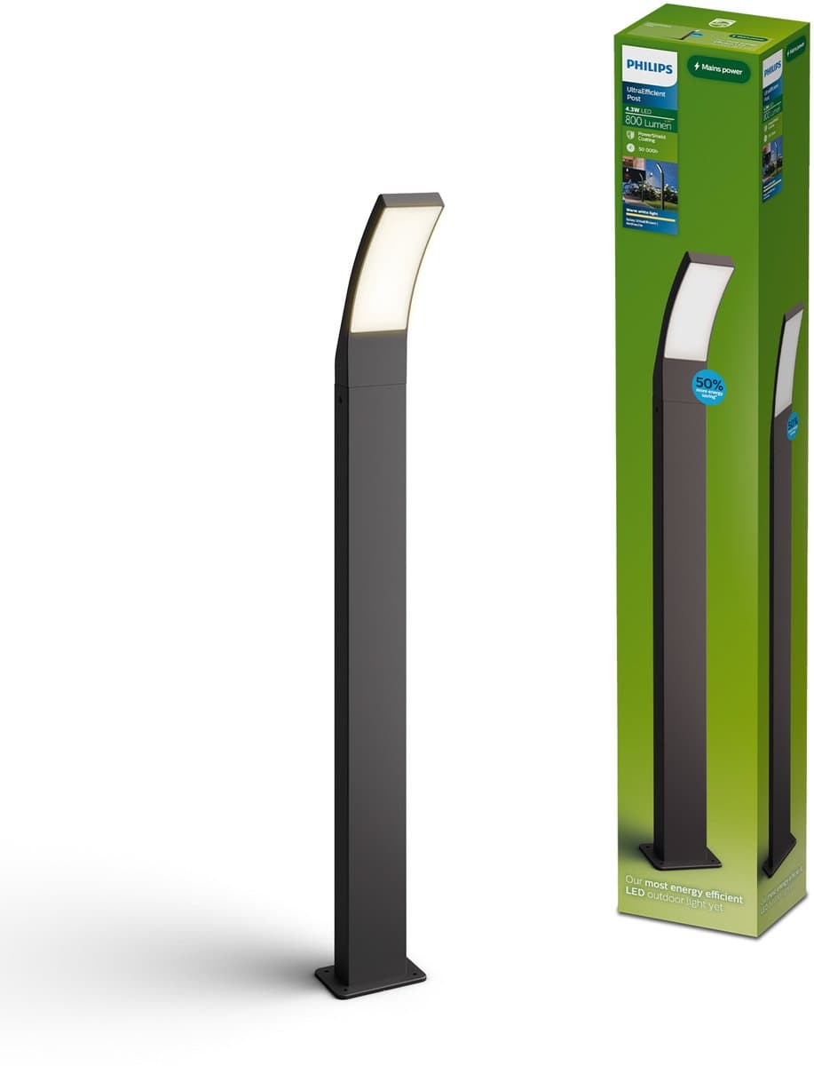 Philips Splay Tuinpaal - Buitenverlichting - Weerbestendig: IP44 - PowerShield Coating - Warmwit licht: 2700K - Hoogwaardig Aluminium - Antraciet