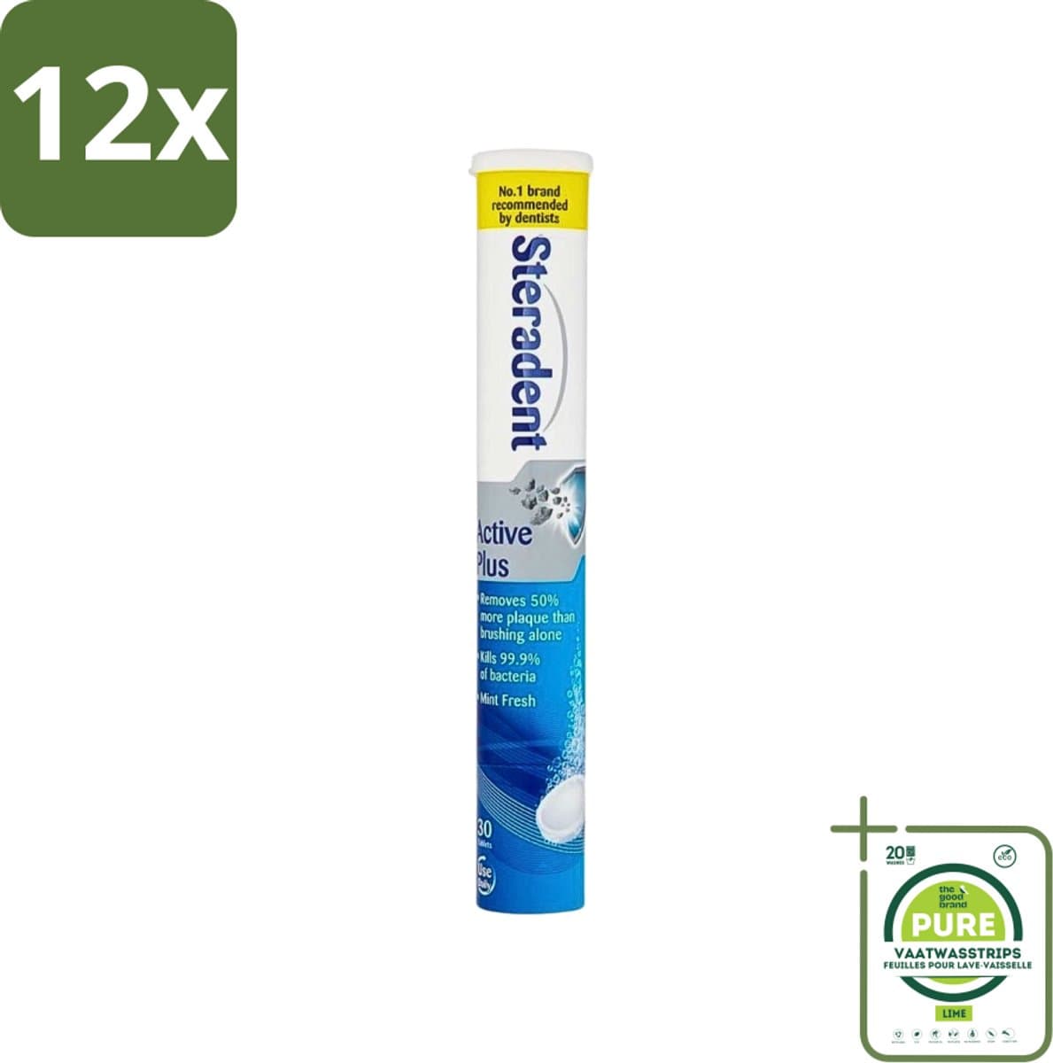 Steradent - Reinigingstabletten - Active Plus - Tegen Tandsteen & Bacteriën - 30 Tabletten - Voordeelverpakking - 12 stuks - Kunstgebit reiniging - Tandsteen verwijderen