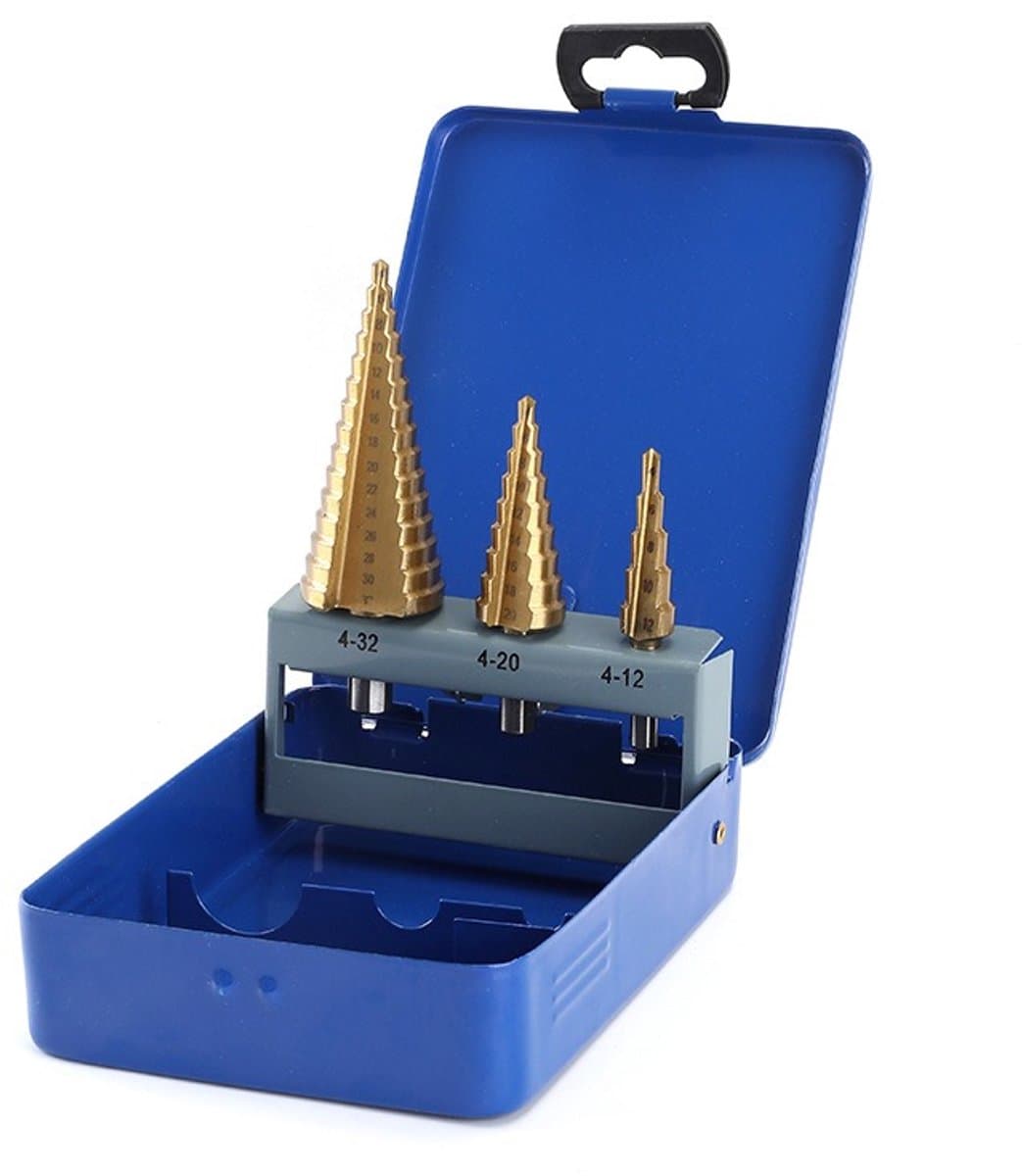 Homtas Stappenboor set - Spiraal Trapborenset - trappenboor – TiN Coating – 3-delig – 4-12mm / 4-20mm / 4-32mm