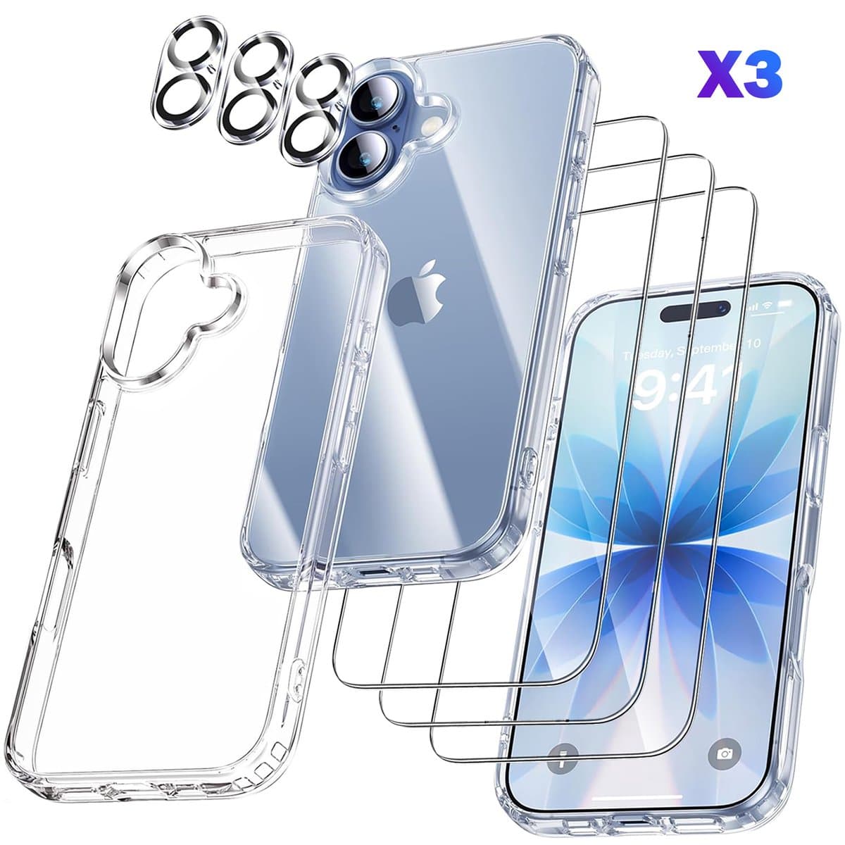 IBETTERTEC iPhone 17 Hoesje + iPhone 17 Panzerglas Glazen Screenprotector Set [7-in-1] - Allround Bescherming - Incl. 3x Glas & 3x Camerabescherming - Transparant