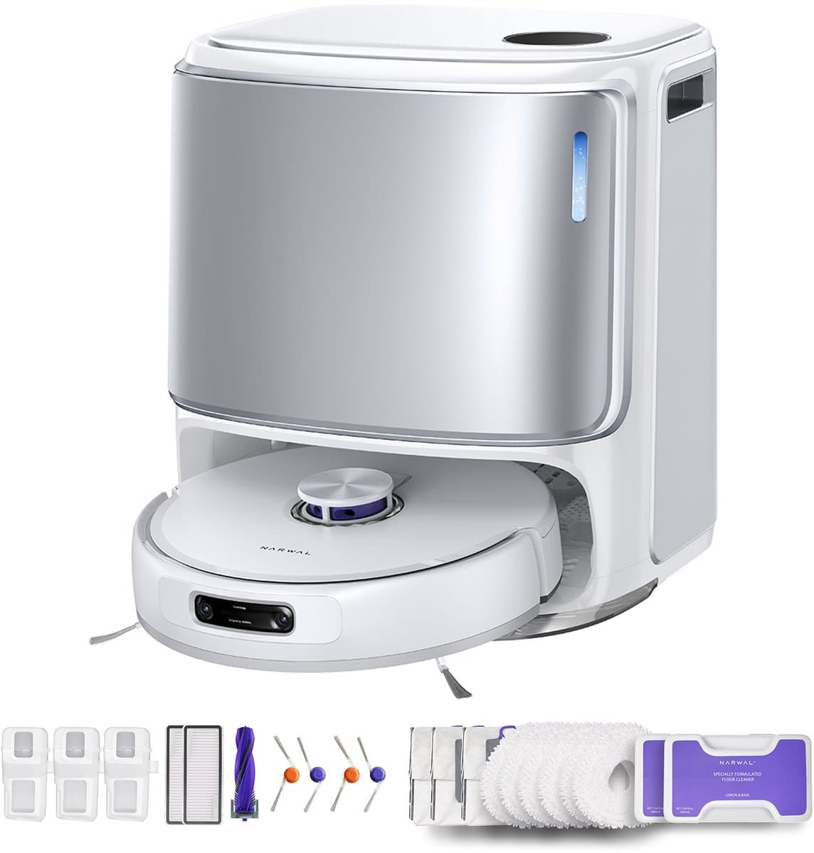 Narwal Freo Z10 Ultra + 1 x cycloonborstel zonder klitten, 6 x dweilpads, 4 x zijborstel, 2 x vloerreinigingsmiddel, 3 x stofzak voor basisstation, 2 x filter voor stofbak, 3 x vervangbare inzetbak, 4 x plintdoek