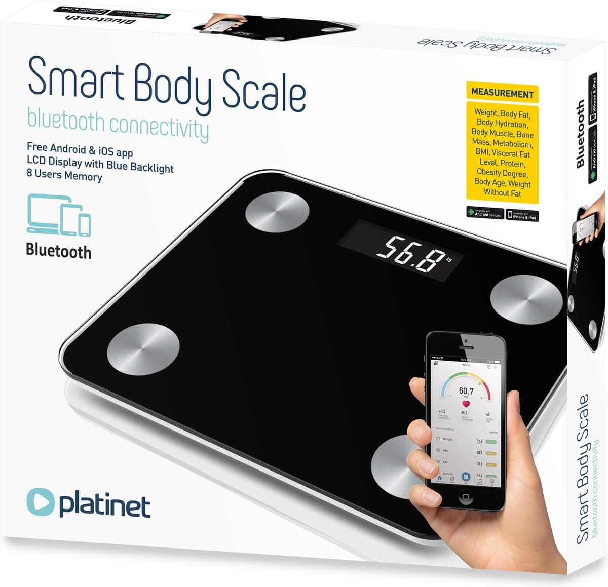 Platinet personen weegschaal / body scale - Zwart - bluetooth en app