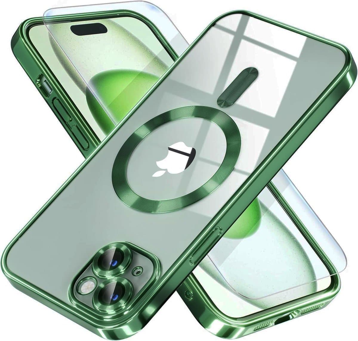 BixB hoesje met screenprotector geschikt voor iPhone 15 Plus MagSafe siliconen Backcover - Groen