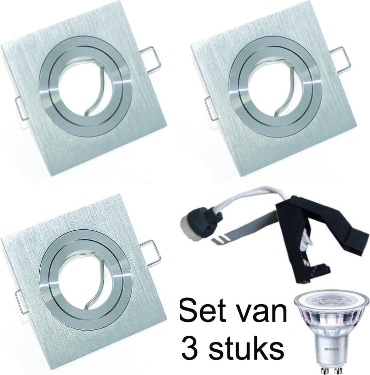 Inbouwspot Led 220Volt kantelbaar. Vierkant. Kleur geborsteld chroom. LED lamp Philips CorePro LEDspot 5W. Cool wit. Lichtkleur 830. 4000K. IP20. Dimbaar. GU10 fitting. 365 Lm. 230V. Boormaat 71-76mm. Buitenmaat 92mm. Set van 3 stuk(s).
