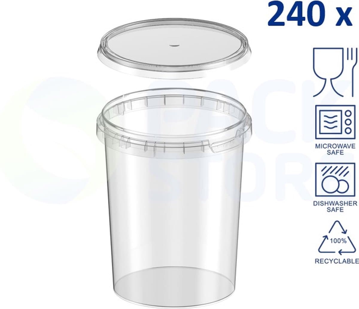 240 x plastic bakjes met deksel - 1000 ml - ø11,8 cm - vershoudbakjes - meal prep bakjes - rond - transparant - geschikt voor magnetron, vaatwasser en diepvries - Nederlandse producent