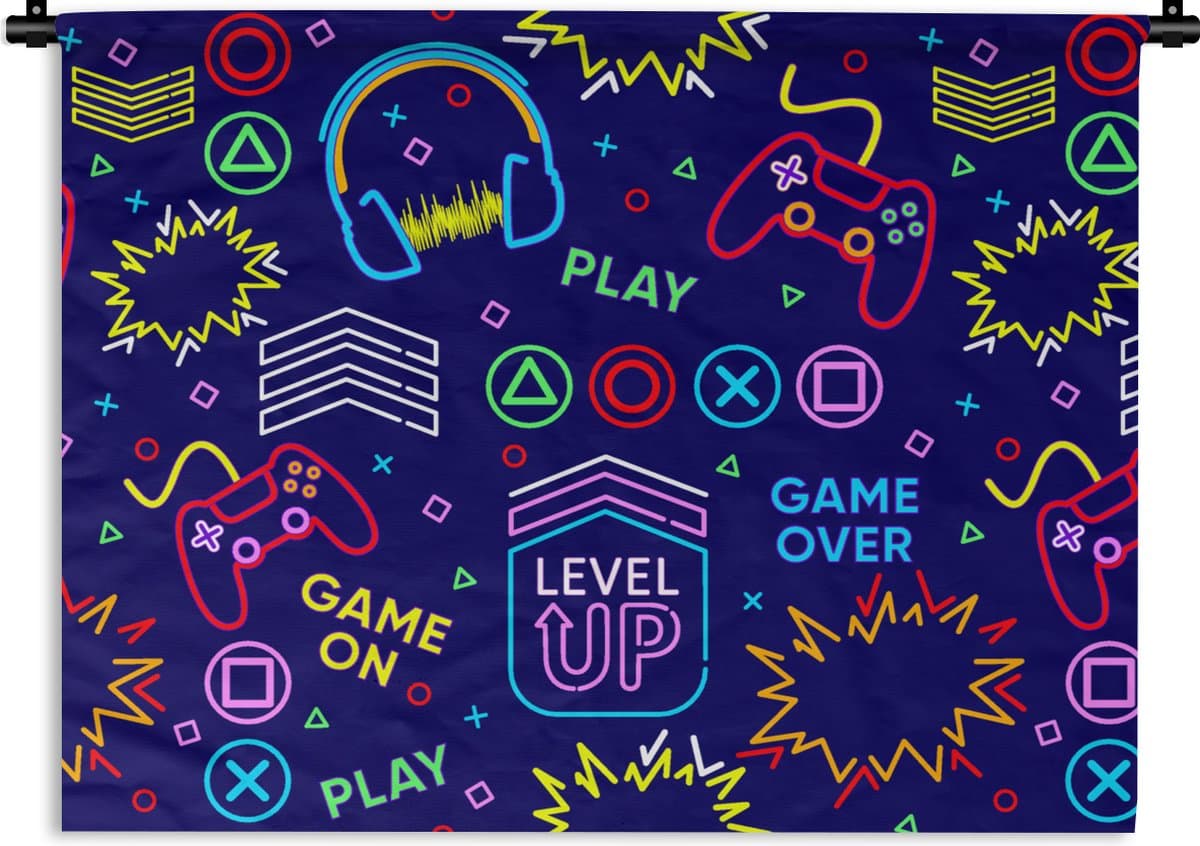 Wandkleed - Wanddoek - Gaming - Neon - Koptelefoon - Design - 90x67.5 cm - Wandtapijt