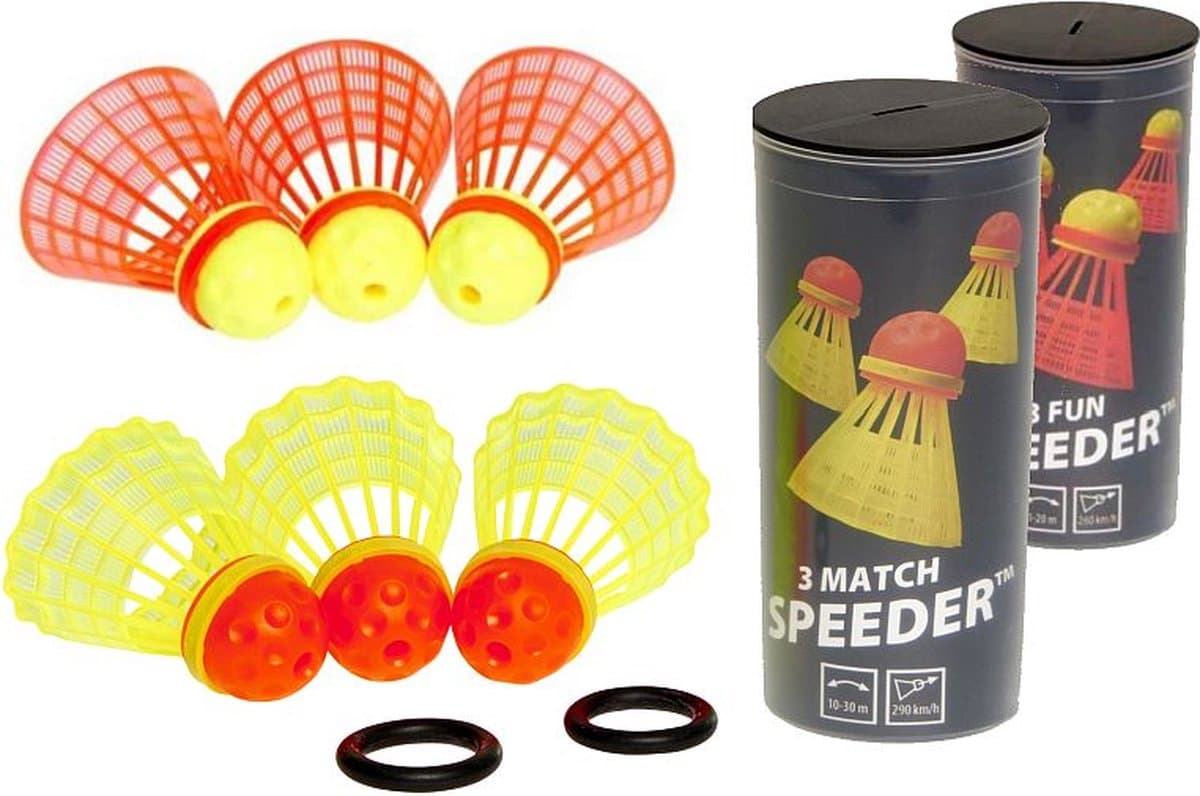 Speedminton Speeder Combi - 6 stuks - 3 Match Speeder - 3 Fun Speeder - speedbadminton - crossminton - speed badminton shuttle - Geel - Rood