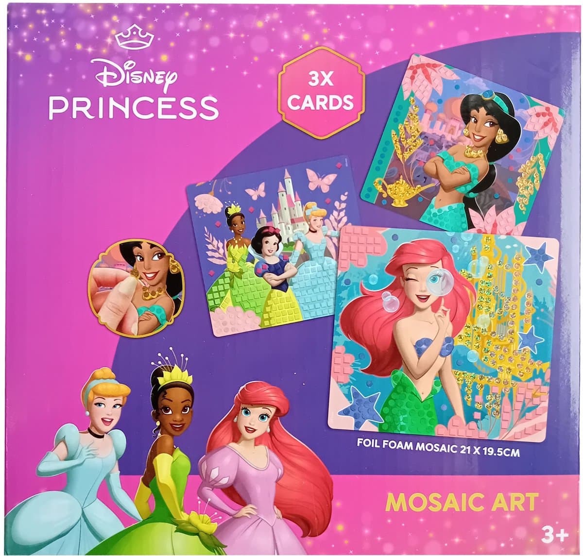 Disney Princess - Jasmine - Ariël - Assepoester - Sneeuwwitje - Tiana - Mozaiek Art - Diamond painting - 3 kaarten - 21 x 19.5 cm