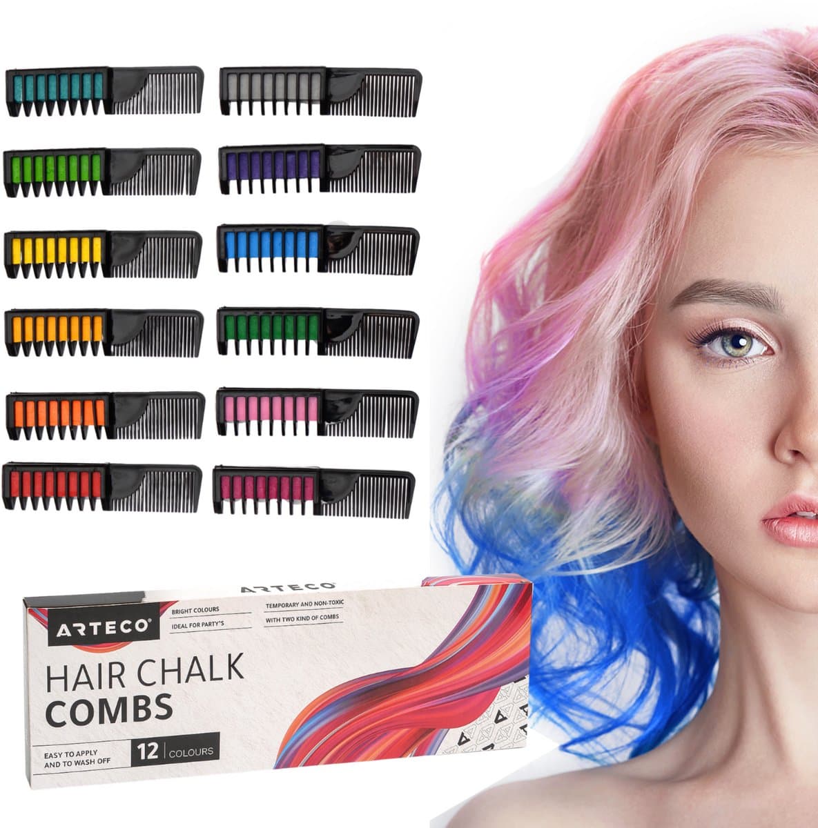 ARTECO® 12 Haarkrijt Kammen Navulbaar – Hair Chalk - Tijdelijke Haarkleuring - Haarmascara - Verkleedfeestjes - Carnaval - Halloween