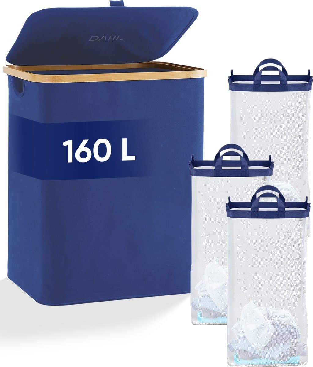 DARI. - Wasmand 3 vakken - Wassorteerder - 160L - met 3 uitneembare zakken - wasmand - blauw - knopen