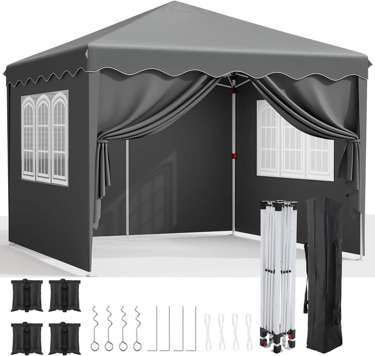 Asaam Pop-up Luifel- Zijwanden- Winterpaviljoen voor buiten- Verstelbare beenhoogtes -Ramen- Draagtas -Feesttent (3x3m)-Grijs