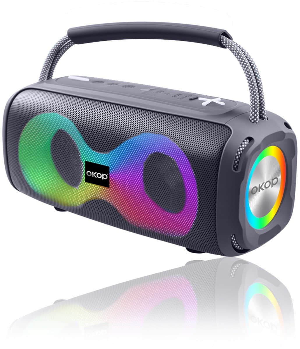 OKOP Bluetooth speaker - Draadloze muziek box - Draagbaar - Verlichting - 2x5W - Verschillende kleuren - RGB LED - Zwart