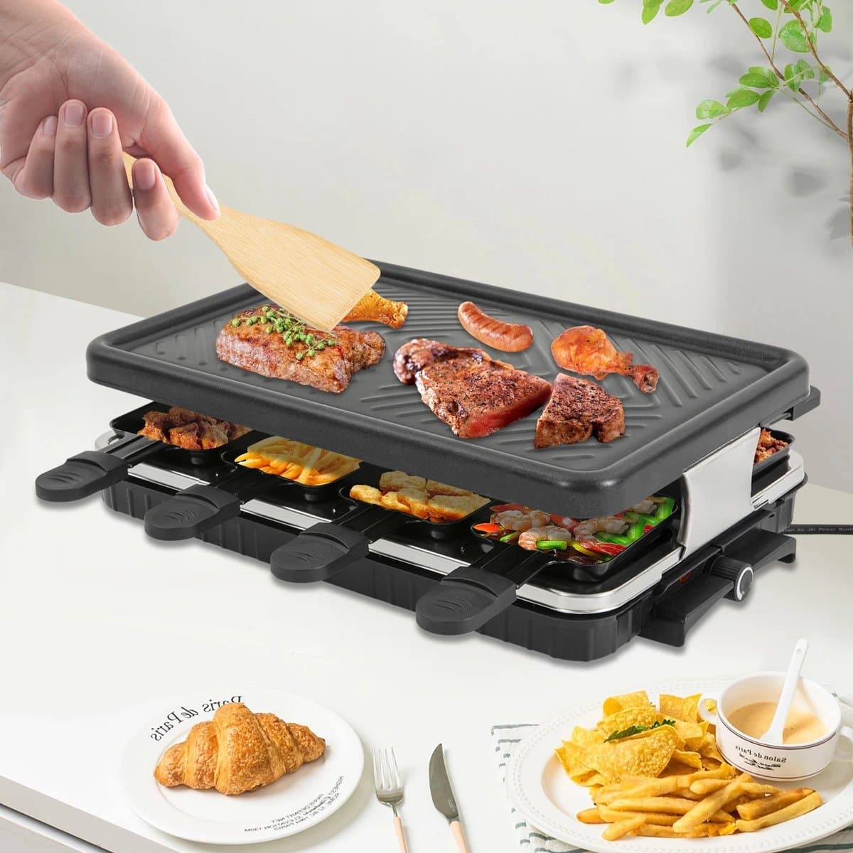 Mygroot - Gourmet met gril - BQ - Grill - 1300W - Draagbare elektrische barbecue - Thuis - feesten - Voor familie.