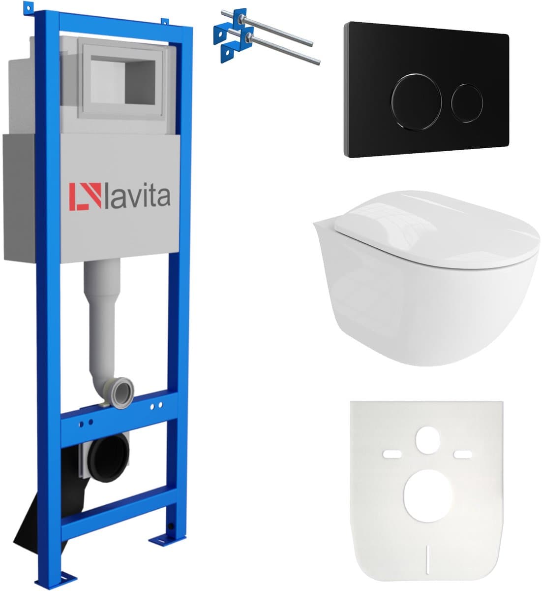 LAVITA® Inbouwreservoir Complete Toiletset LAV 101 - Inbouw WC Hangtoilet Wandcloset VITO Wit Hoogglans - Bedieningsplaat 200.4.4 Zwart - Voorwandelement voor toilet 40cm - Installatiesysteem