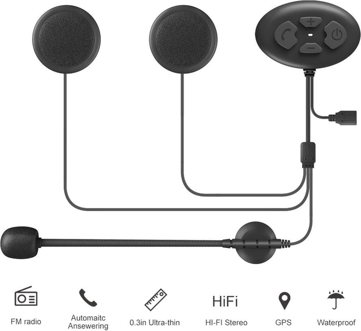 TechU™ Handsfree Bluetooth Motor Communicatiesysteem – Motor Headset Helm – Bluetooth 5.0 – Waterdicht IP67 – Motorhelm Oproepen opnemen, Bellen & Muziek luisteren