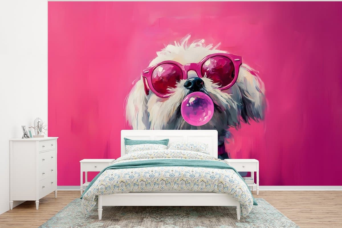 Behang - Fotobehang Pink - Hond - Bubbel - Breedte 320 cm x hoogte 240 cm
