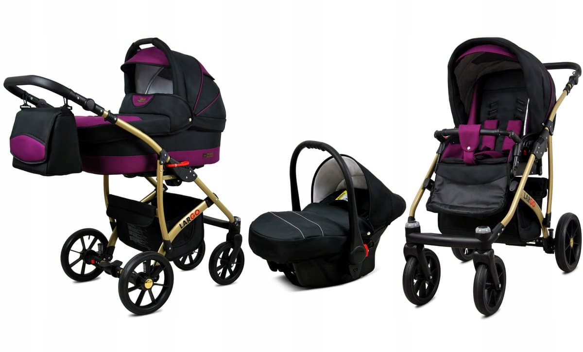 BabyLux® Kinderwagen 3in1 – LARGO - BLACK PURPLE GOLD FRAME - Opklapbare Wandelwagen incl. Reiswieg, Multifunctionele Buggy Sportstoel, Autostoel - Combi-kinderwagen met Luiertas, Regenhoes, Klamboe, Bekerhouder, etc.