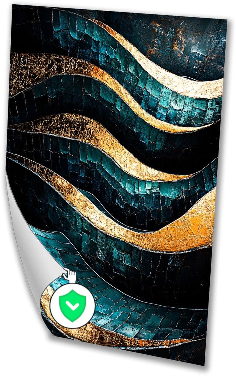 Golvend abstract ontwerp goud blauw - Golven muurdecoratie - Muurdecoratie patroon - Abstract - Decoratieve posters - Posterprints - Poster 60x90 cm