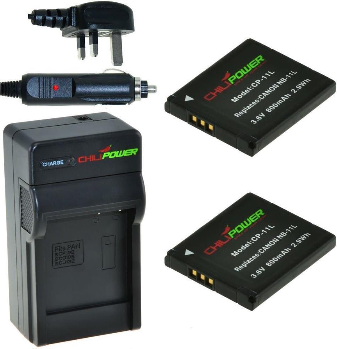 ChiliPower 2 x NB-11L accu's voor Canon - Charger Kit + car-charger - UK version