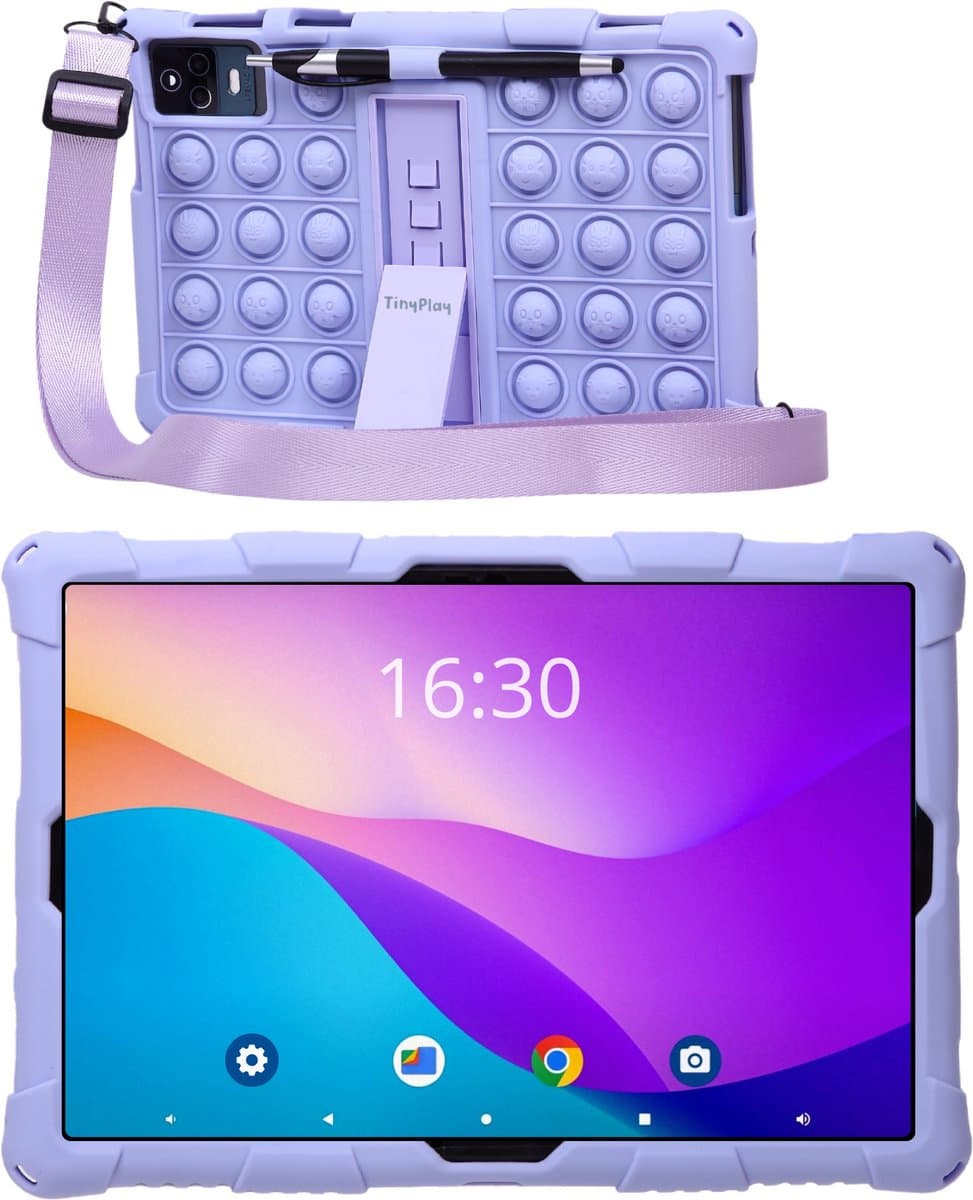 TinyPlay kindertablet Maxi V2 - Android 14 - 10 inch - 64GB+64SD - 4GB+4GB Virtual RAM - 6000 mAh batterij - Ouderlijk toezicht - kindertablet vanaf 3 jaar - Octa-core processor - Tablet kinderen - Styluspen, Draagriem, Glazen screenprotector - Paars