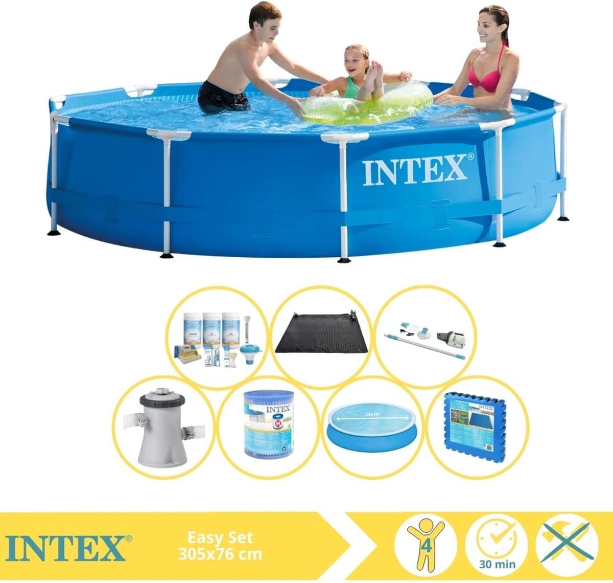 Intex Metal Frame Zwembad - Opzetzwembad - 305x76 cm - Inclusief Solarzeil, Onderhoudspakket, Zwembadpomp, Filter, Stofzuiger, Solar Mat en Zwembadtegels